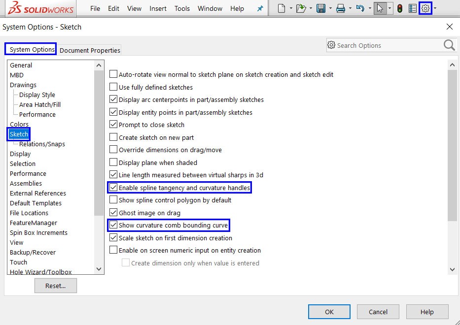  نحوه‌ی نمایان کردن curvature combs و curvature handles در تنظیمات نرم‌افزار Solidworks